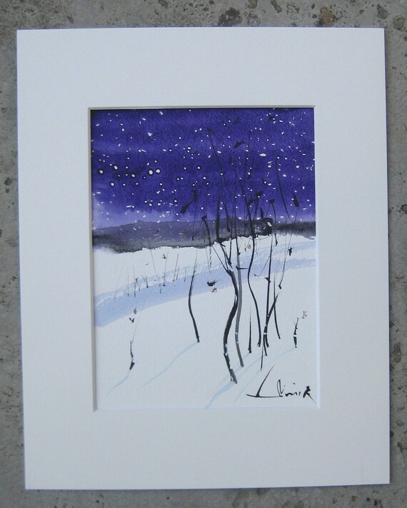 Nuit Dhiver Petite Peinture Paysage étoilé Aquarelle Blanche Bleue Non Encadrée Sur Papier Une Peinture Contemporaine Dart Miniature De Genre