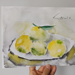 Piatto di frutta di mele cotogne, arte alimentare ad acquerello, opere d'arte di natura morta, pittura senza cornice su carta grafica, frutti autunnali gialli, profumati naturali