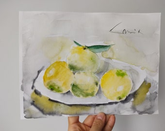 Quinces fruit plate, watercolor food art, still life artwork, unframed painting on graphics paper, yellow autumn fruits, natural perfumed