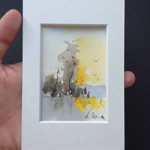 Cuadro pequeño, original de Marin Gruia, paisaje vertical, arte de acuarela, obra de arte original sin marco, borde de cartón, hermoso amanecer en miniatura