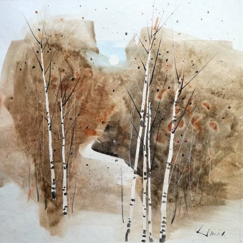 Brown landscape, watercolor painting, autumn high quality nature scene, birch trees, season foliage, original Transylvania, wild creek, unframed art