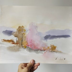 Pink watercolor landscape painting, original artwork from Romania, unframed nature art, foggy scenic trees, light colorful gift
