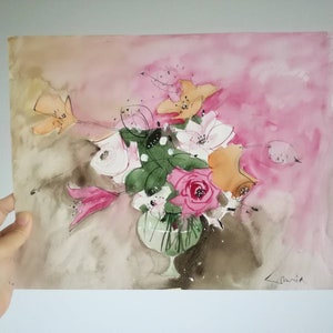 Rose vivaci in un vaso, arte di fiori colorati, dipinto originale su carta, natura morta, opere d'arte uniche senza cornice, disegno floreale ad acquerello