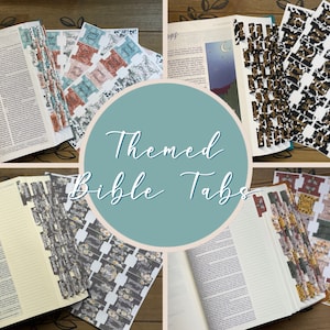 May include: Four different sets of themed Bible tabs. Each set features a different pattern, including floral, animal print, and geometric designs. The tabs are labeled with book titles like "Genesis" and "Exodus".