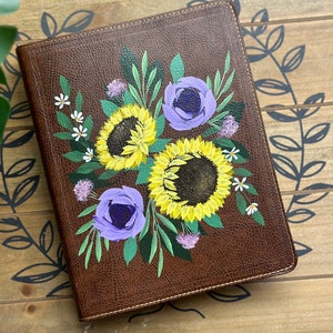 Leather Hand Painted Bible // Semi-custom // Sunflowers and Lavender Roses