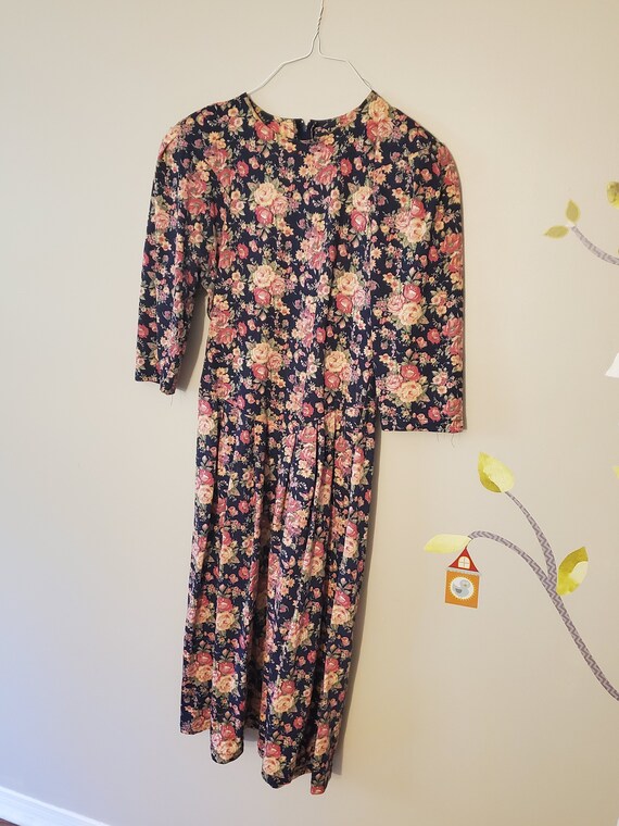 80/'s Blue Floral Print Dress Medium Large Vintage Long Sleeve Dress