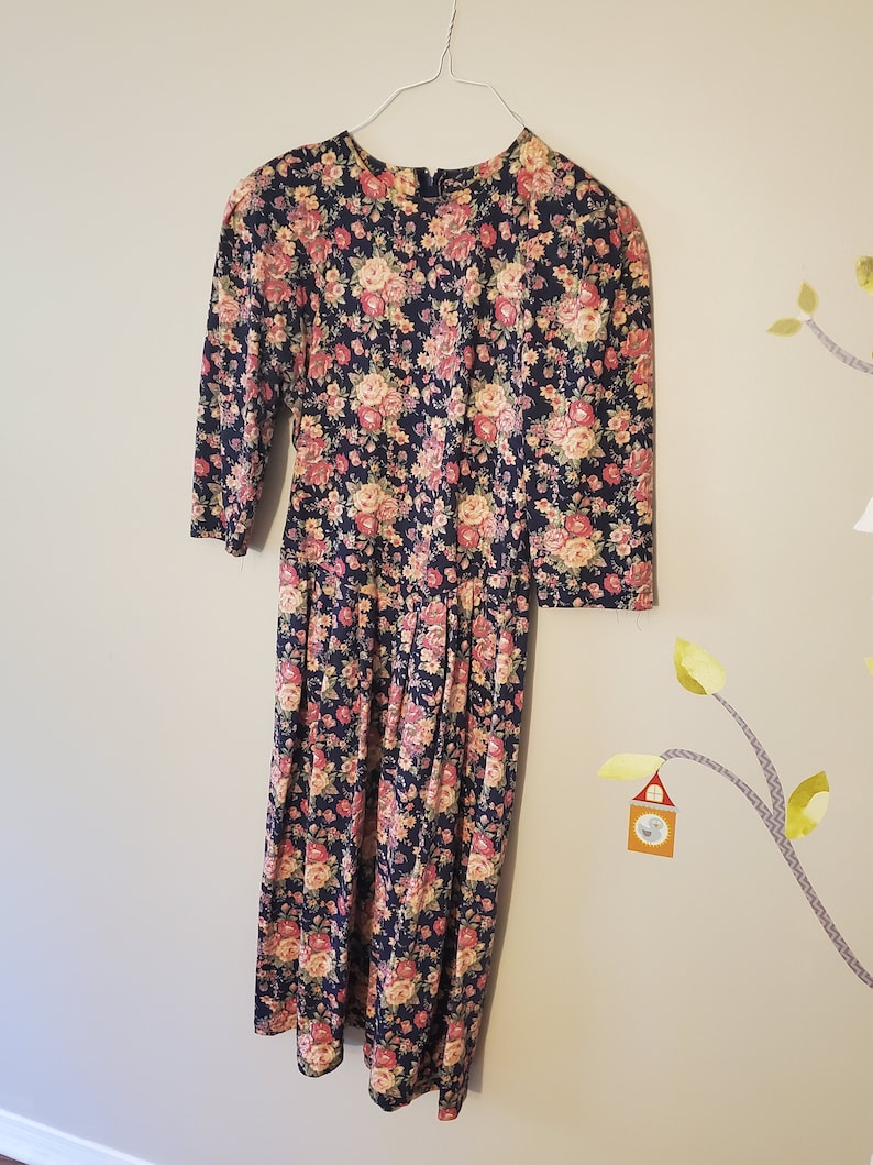 80/'s Blue Floral Print Dress  Medium Large Vintage Long Sleeve Dress