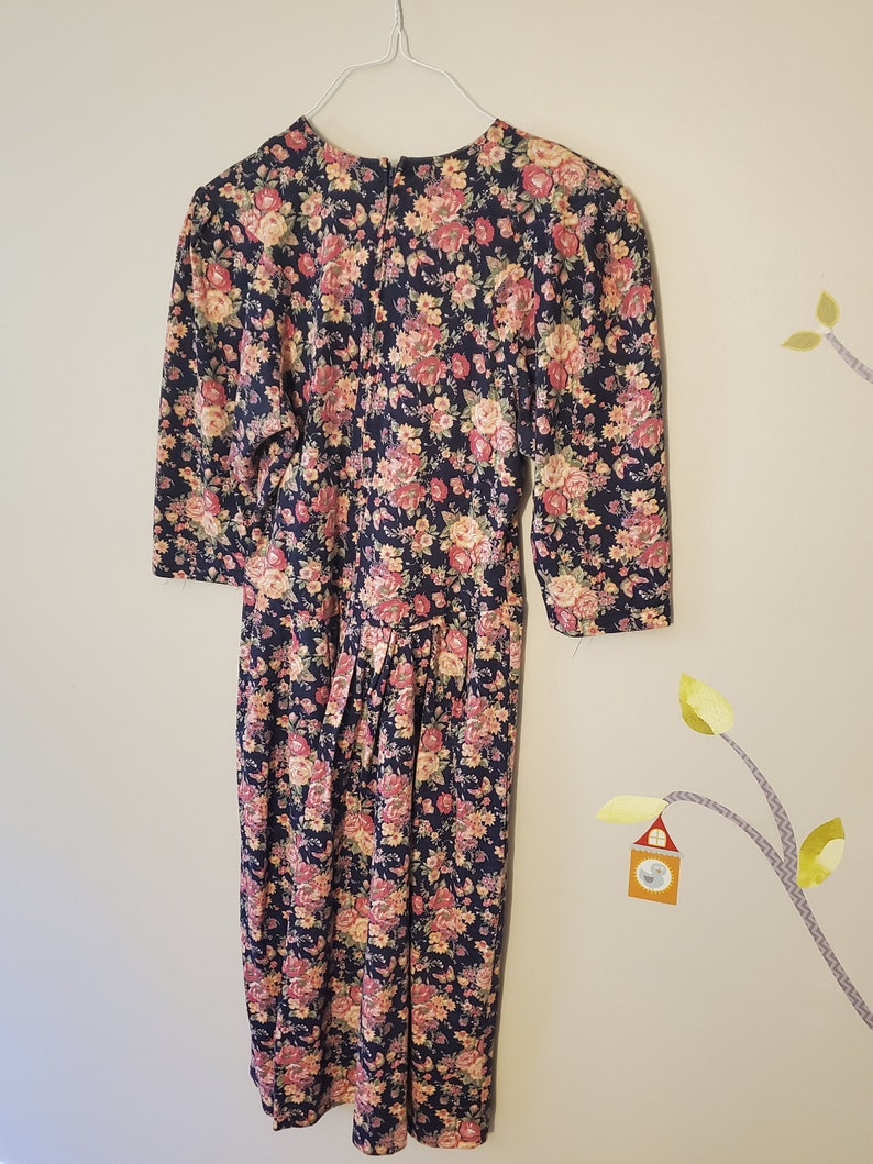 80/'s Blue Floral Print Dress Medium Large Vintage Long Sleeve Dress