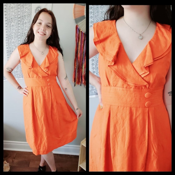 1990's Orange Ruffle Dress // Small Sleeveless Hal