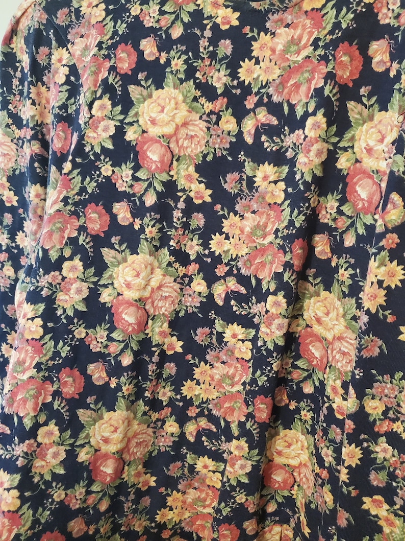80/'s Blue Floral Print Dress Medium Large Vintage Long Sleeve Dress