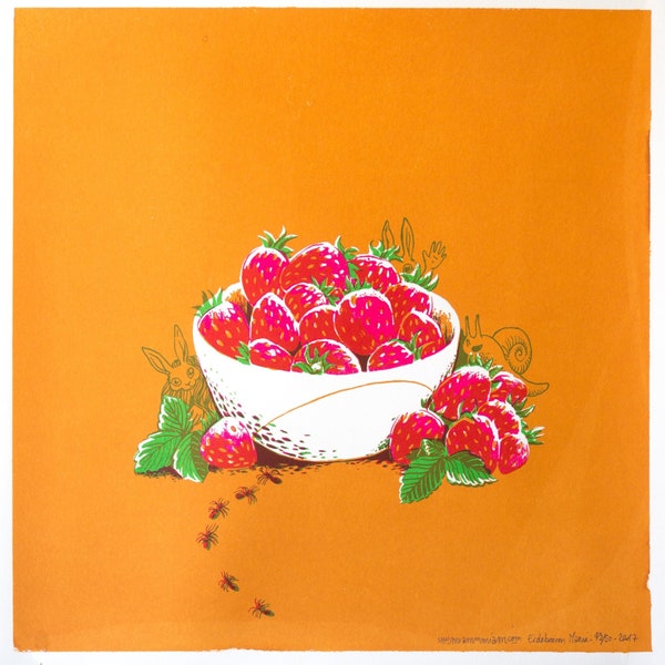 Erdbeeren Mania, handgemacht Siebdruck, 3 Farben, limitierte Auflage