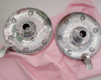 Pair of Buenilum Aluminum Hand Wrought Vintage Chamber Candle holders, flower design
