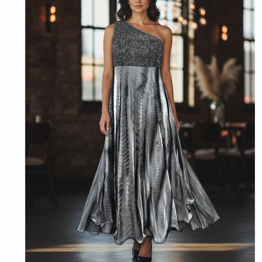 strapless open back dress SILVER SEQUIN ONE SHOULDER GOWN – PatBO