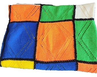 Afghan Throw 80s Bright Color Block Cube Handmade 70s Grannycore Vintage Retro