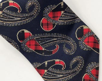 Sheaf and Caber Luxury Tie 100% Silk Navy Blue Red Black Paisley Holiday Vintage