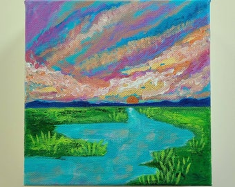 Sunset Lowcountry Landscape Art, Original Marsh Painting, Colorful Cloudy Sky Art, Nature Painting, Coastal Carolina Art, Mother's Day Gift