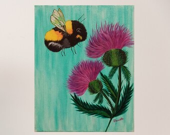 Small Bee Canvas Art, Abstract Nature Art, Bumble Bee Theme, Bee Painting, Bee Nursery Decor, Bumblebee Art, Insect Wall Art