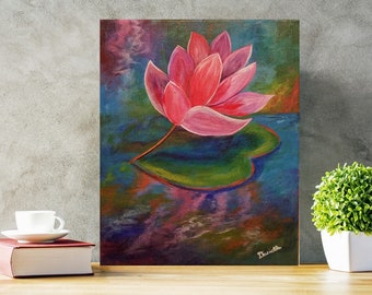 Colorful Wall Art, Lotus Painting on Canvas, Art Gifts, Abstract Nature Art, Vibrant Floral Art, Waterlily Painting, Spa Wall Decor