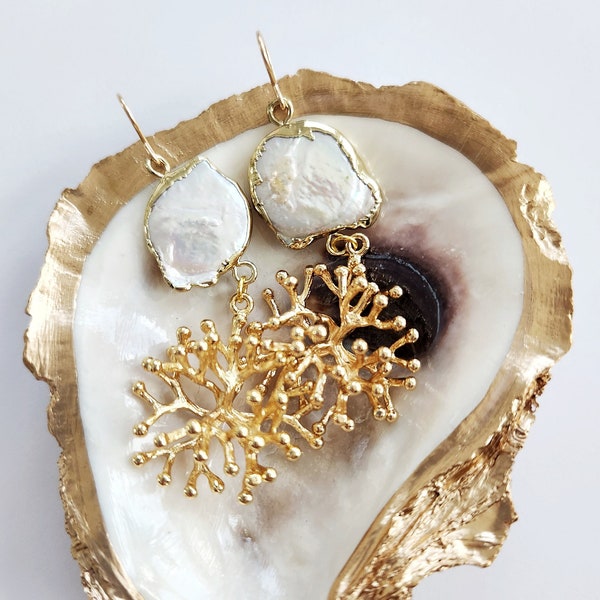 Coral Branch Earrings, Freeform Pearl Dangle Earrings, Bridesmaid Gift, Ocean Inspired Jewelry, Tropical Summer Beach Sea Jewelry