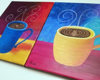Kitchen Wall Art, Coffee Gift, Coffee Cup Art Set, Coffee Station Decor, Coffee Bar Art, Small Art Gifts, Cappuccino Paintings