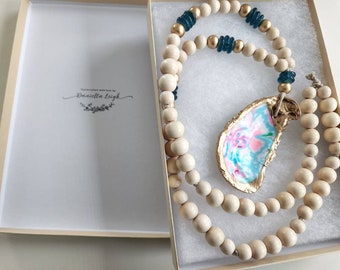 Lily Inspired Oyster Shell Necklace, Coastal Jewelry, Statement Necklace, Coastal Chic, Preppy Style, Decorative Beads, Nautical Style