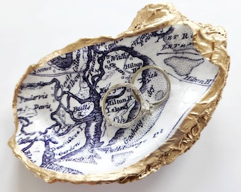 Hilton Head Island Oyster Shell Ring Dish, Bridal Shower Favors, Nautical Beachy Favors, Blue & White Trinket Dish, Bull Island Map, Indigo