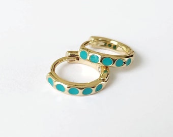 Turquoise Gold Huggie Hoop Earrings, 14kt Gold Filled Thick Hoops, Petite Earrings, Boho Style Jewelry, Blue Gemstone Hoop Earrings