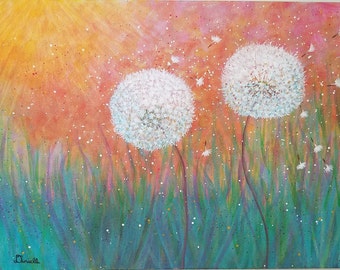 Dandelion Acrylic Painting: Sunset Colors, Whimsical Nursery Art