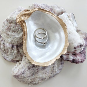 Pearl White Oyster Shell Ring Dish, Beachy Wedding Favors, Gifts for Bride, Small Coastal Trinket Dish, Nautical Flat Lay Props image 2