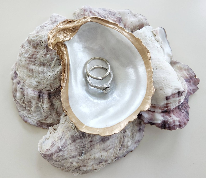 Pearl White Oyster Shell Ring Dish, Beachy Wedding Favors, Gifts for Bride, Small Coastal Trinket Dish, Nautical Flat Lay Props image 2