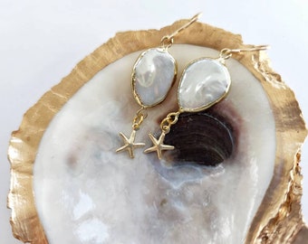 14k Gold Filled Starfish Earrings, Mermaid Core Jewelry, Pearl Dangle Earrings, Beachy Earrings, Coastal Earrings, Ocean Inspired Gifts