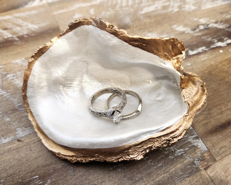 Pearl White Oyster Shell Ring Dish, Beachy Wedding Favors, Gifts for Bride, Small Coastal Trinket Dish, Nautical Flat Lay Props image 8