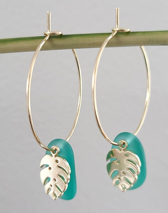 Sea Glass Minimalist Earrings Tropical Leaf Gold Hoop Earrings Monstera Earrings Palm Leaf Earrings Thoughtful Gift Petite Earrings Etsy