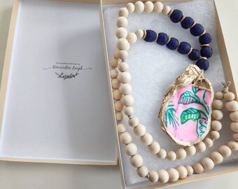 Oyster Shell Necklace, Blessing Beads, Coastal Jewelry, Large Statement Necklace, Monstera Palm Leaf, Unique Birthday Gift, Nautical Style