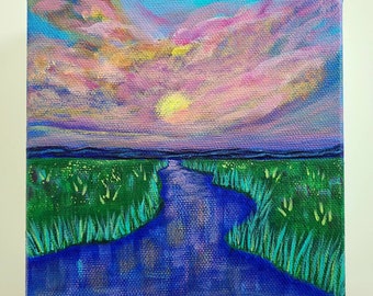 Marsh Art, Lowcountry Landscape, Kiawah Island Marsh Painting, Charleston Gift, South Carolina Sunset, Kiawah Island Landscape Art (6x6)