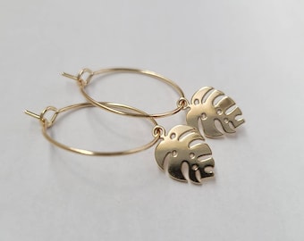 Tropical Leaf Hoop Earrings, Monstera Earrings, Gold Fill Hoop Earrings, Palm Leaf Earrings, Petite Earrings, Nature Inspired Jewelry