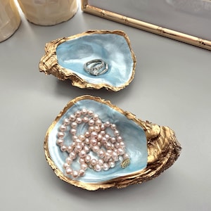 Pearl Blue Oyster Shell Ring Dish, Beachy Wedding Favors, Something Blue Gift for Bride, Small Coastal Trinket Dish, Nautical Baby Shower