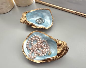 Pearl Blue Oyster Shell Ring Dish, Beachy Wedding Favors, Something Blue Gift for Bride, Small Coastal Trinket Dish, Nautical Baby Shower