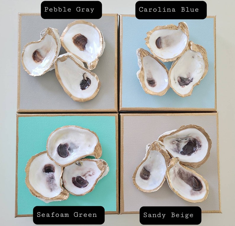 May include: Four square canvases with different coloured backgrounds and gold trim. Each canvas features a cluster of oyster shells painted gold with a natural brown interior. The canvases are labelled "Pebble Gray", "Carolina Blue", "Seafoam Green", and "Sandy Beige".
