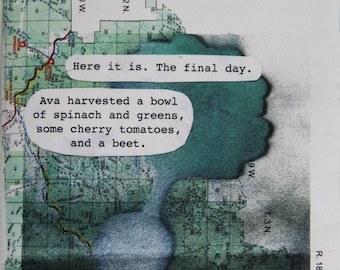 May include: A green and white map with text that reads "Waiting for the Miracle" by Lauren Norby. The text "Here it is. The final day." is written in a speech bubble. The text "Ava harvested a bowl of spinach and greens, some cherry tomatoes, and a beet." is written in a speech bubble. The text "She made us a beautiful salad." is written in a speech bubble.
