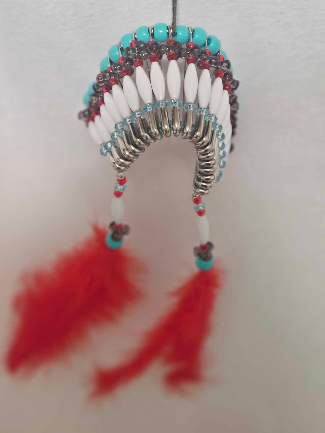 Handcrafted Safety Pin Headdress With Turquoise Beads and Red Feathers