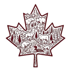 May include: A maroon and white graphic illustration shaped like a maple leaf. The design features a detailed forest scene with a moose, bear, wolf, deer, beaver, and loon surrounded by pine trees and mountains, rendered in a clean line art style.