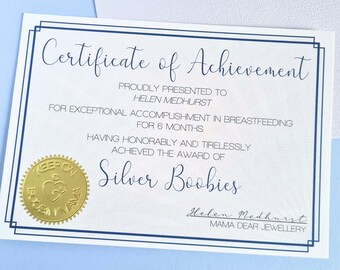 Personalised Silver Boobies Certificate - 6 Months Breastfeeding Milestone Gift, Personalise with Mum/Mom's Name, Silver Boobs Award