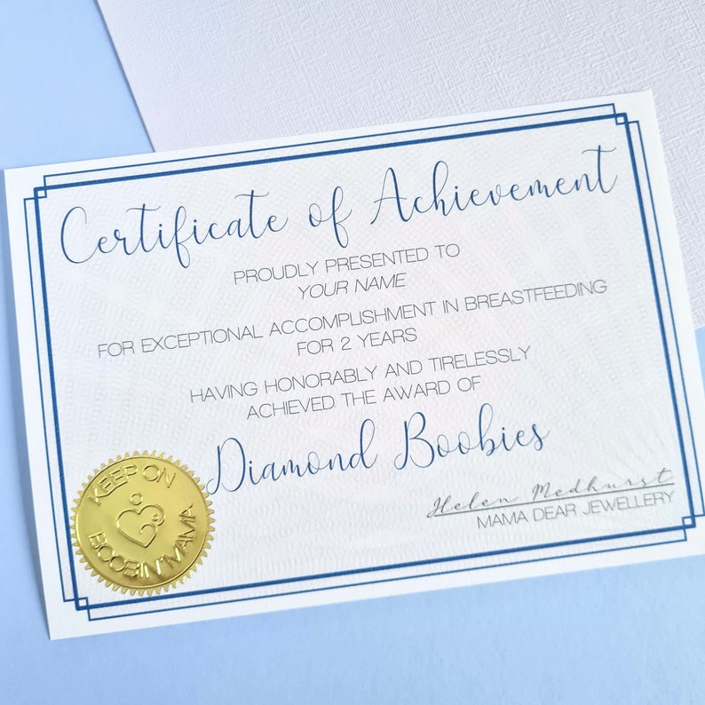Personalised Diamond Boobies Certificate 2 Years Breastfeeding Milestone Gift, Personalise with Mum/Mom's Name, Diamond Boobs Award Certificate only