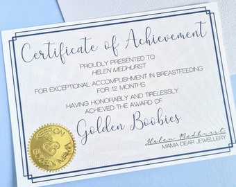 Personalised Golden Boobies Certificate - 12 Months Breastfeeding Gift, Personalise with Breastfeeding Mum/Mom's Name, 1 Year Nursing