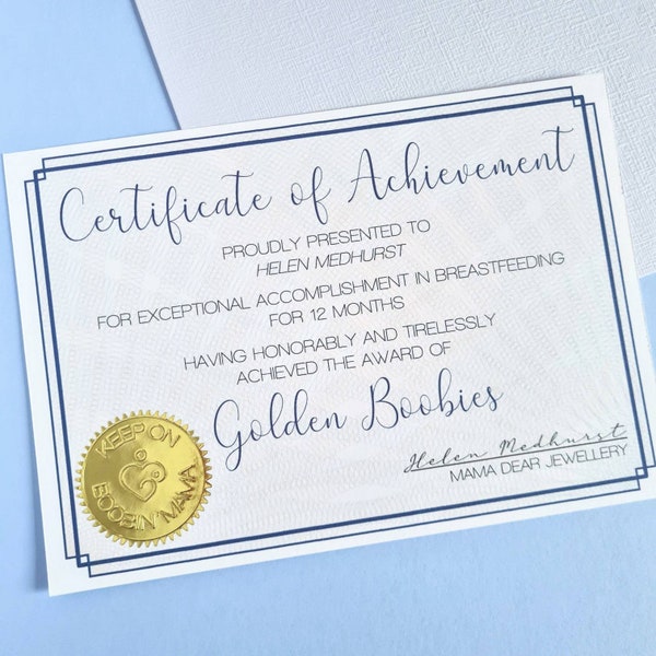 Personalised Golden Boobies Certificate - 12 Months Breastfeeding Gift, Personalise with Breastfeeding Mum/Mom's Name, 1 Year Nursing