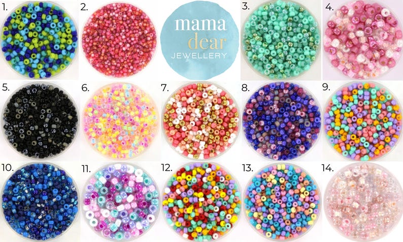 1. Turquoise. 2. Warm reds. 3. Spring greens. 4. Baby pinks. 5. Dark black. 6. Neon. 7. Pinks, gold, white. 8. Purple. 9. Bright pastels. 10.Deep blues. 11. Cupcake pastels. 12.Bright mix. 13. Pastels. 14. diamond mix