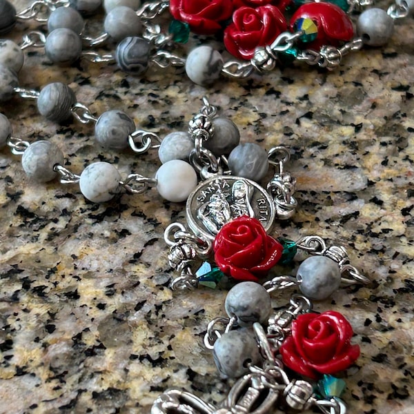 Saint Rita Rosary, Roses and Natural Agate Stone