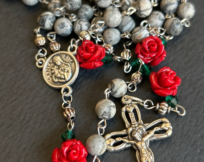 Saint Rita Center Rosary Made With Howlite and Rhodonite Handmade Cord ...