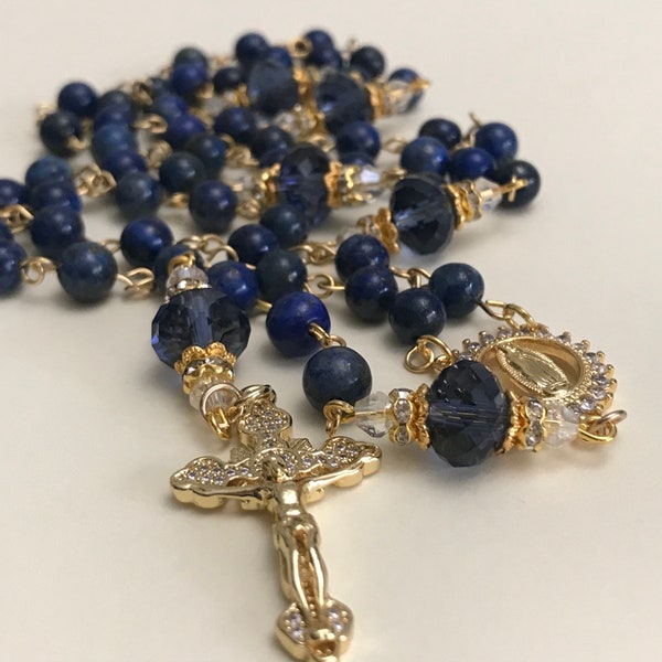 Lapis Lazuli and Gold Rosary, Our Lady of Guadalupe center with Cubic Zirconia